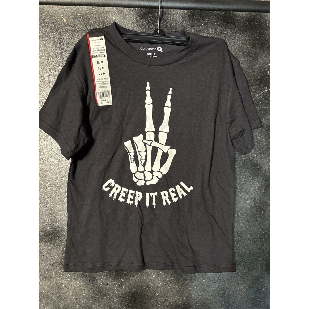 Kids S 6/8 T Shirt Skeleton Hand Peace Sign CREEP IT REAL, NEW Halloween